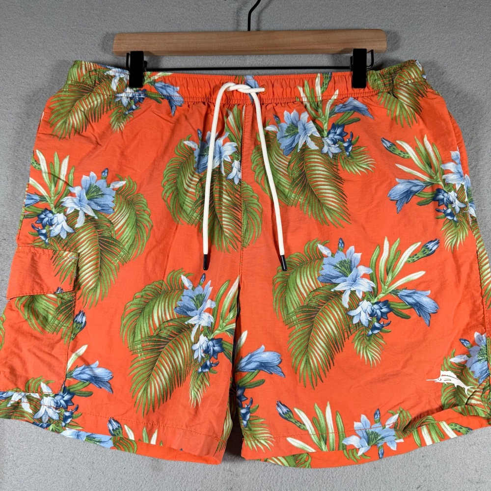 Tommy Bahama Mens Orange Tropical Floral Palm‎ Mesh Lined Swim Trunks Size Large